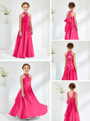 Robes de Demoiselle d'Honneur Junior A-ligne Sans Manches à Col Licou Fuchsia