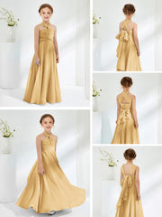 Robes de Demoiselle d'Honneur Junior A-ligne Sans Manches à Col Licou Or