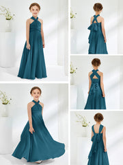 Robes de Demoiselle d'Honneur Junior A-ligne Sans Manches à Col Licou Bleu Encre