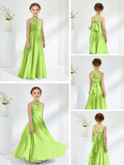 Robes de Demoiselle d'Honneur Junior A-ligne Sans Manches à Col Licou Vert Citron