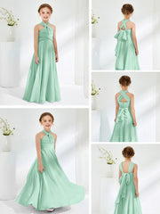 Robes de Demoiselle d'Honneur Junior A-ligne Sans Manches à Col Licou Vert Menthe