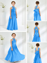 Robes de Demoiselle d'Honneur Junior A-ligne Sans Manches à Col Licou Bleu Océan