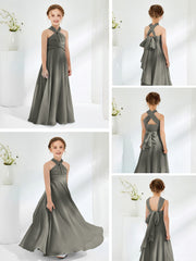 Robes de Demoiselle d'Honneur Junior A-ligne Sans Manches à Col Licou Gris Acier