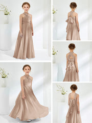 Robes de Demoiselle d'Honneur Junior A-ligne Sans Manches à Col Licou Taupe