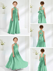 Robes de Demoiselle d'Honneur Junior A-ligne Sans Manches à Col Licou Turquoise