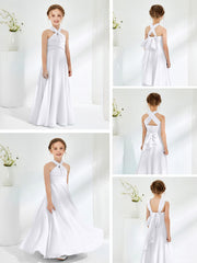 Robes de Demoiselle d'Honneur Junior A-ligne Sans Manches à Col Licou Blanc