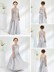 Robes de Demoiselle d'Honneur Junior A-ligne Sans Manches à Col Licou Argent
