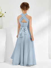 Robes de Demoiselle d'Honneur Junior A-ligne Sans Manches à Col Licou Bleu Poudré