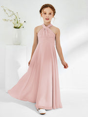 Robes de Demoiselle d'Honneur Junior A-ligne Sans Manches à Col Licou Rose Poudré