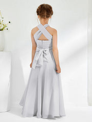Robes de Demoiselle d'Honneur Junior A-ligne Sans Manches à Col Licou Argent