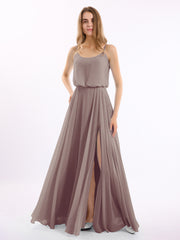Spaghetti Bretelle Scoop Mousseline Robes Avec Fente Dusk
