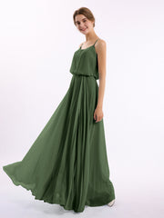 Spaghetti Bretelle Scoop Mousseline Robes Avec Fente Olive Verte