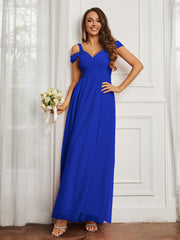 Robe Plissée Longueur au Sol en Tulle avec Mancherons Bleu Royale