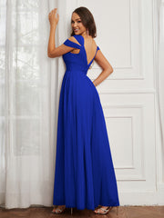 Robe Plissée Longueur au Sol en Tulle avec Mancherons Bleu Royale
