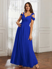 Robe Plissée Longueur au Sol en Tulle avec Mancherons Bleu Royale