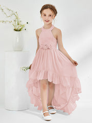Robes de Demoiselle d'Honneur Junior Asymétriques à A-ligne avec Fleur Rose Poudré