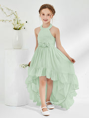 Robes de Demoiselle d'Honneur Junior Asymétriques à A-ligne avec Fleur Sauge Poudrée