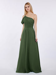 Robes Demoiselle d'honneur Longue Une Epaule Mousseline Olive Verte Grande Taille