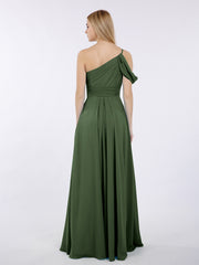 Robes Demoiselle d'honneur Longue Une Epaule Mousseline Olive Verte