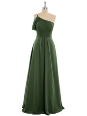 Robes Demoiselle d'honneur Longue Une Epaule Mousseline Olive Verte
