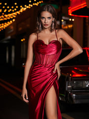 Robe de Soirée Fourreau en Satin avec Traîne Balayage Bordeaux Grande Taille