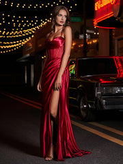 Robe de Soirée Fourreau en Satin avec Traîne Balayage Bordeaux Grande Taille