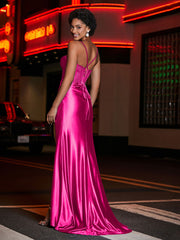 Robe de Soirée Fourreau en Satin avec Traîne Balayage Rose Vif
