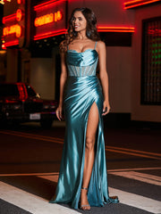 Robe de Soirée Fourreau en Satin avec Traîne Balayage Jade Grande Taille