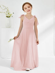 Robes de Demoiselle d'Honneur Junior A-ligne Sans Manches à Col en V Rose Poudré