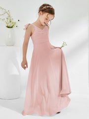 Robes de Demoiselle d'Honneur Junior A-ligne Sans Manches à Col en V Rose Poudré