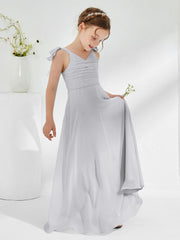 Robes de Demoiselle d'Honneur Junior A-ligne Sans Manches à Col en V Argent