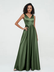 A-ligne Robes Maxi à Col en V en Satin avec Poches Olive Verte