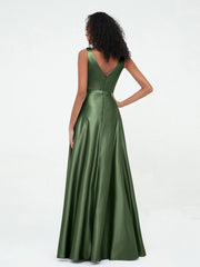 A-ligne Robes Maxi à Col en V en Satin avec Poches Olive Verte