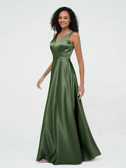 A-ligne Robes Maxi à Col en V en Satin avec Poches Olive Verte