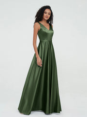 A-ligne Robes Maxi à Col en V en Satin avec Poches Olive Verte