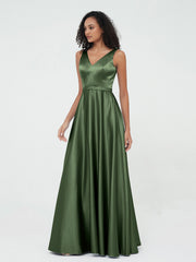 A-ligne Robes Maxi à Col en V en Satin avec Poches Olive Verte
