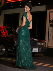 Robe de Soirée en Paillettes à Col en Cœur avec Fente Vert Foncé Grande Taille