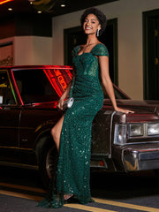 Robe de Soirée en Paillettes à Col en Cœur avec Fente Vert Foncé Grande Taille