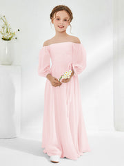Robes de Demoiselle d'Honneur Junior en Mousseline Sans Bretelles Longueur au Sol Rose Pâle
