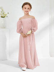 Robes de Demoiselle d'Honneur Junior en Mousseline Sans Bretelles Longueur au Sol Rose Poudré