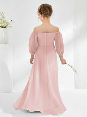 Robes de Demoiselle d'Honneur Junior en Mousseline Sans Bretelles Longueur au Sol Rose Poudré