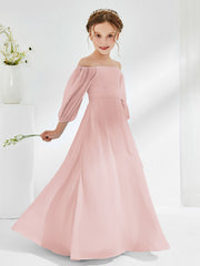 Robes de Demoiselle d'Honneur Junior en Mousseline Sans Bretelles Longueur au Sol Rose Poudré
