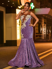 Robe Sirène à Paillettes et Diamants Scintillants avec Col Illusion Or Métallique