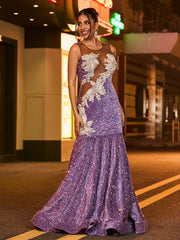 Robe Sirène à Paillettes et Diamants Scintillants avec Col Illusion Tahiti