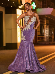 Robe Sirène à Paillettes et Diamants Scintillants avec Col Illusion Tahiti