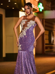 Robe Sirène à Paillettes et Diamants Scintillants avec Col Illusion Tahiti