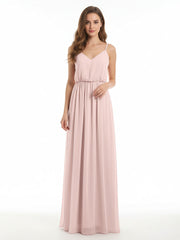 Col En V Spaghetti Bretelle Mousseline Robes De Demoiselle d'Honneur Rose Poudré