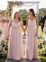 Col En V Spaghetti Bretelle Mousseline Robes De Demoiselle d'Honneur Rose Poudré