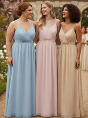 Col En V Spaghetti Bretelle Mousseline Robes De Demoiselle d'Honneur Rose Poudré