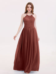 Maxi Robes Col d'Illusion Dentelle et Mousseline terracotta